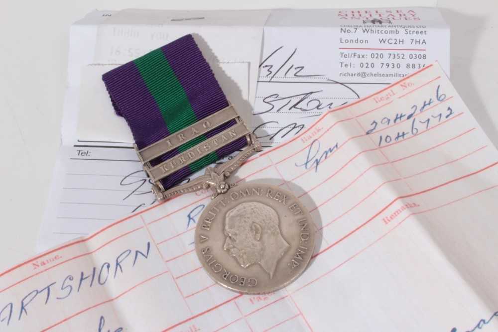 George V General Service medal with two clasps- Kurdistan and Iraq, named to 294246 GNR. C. Hartshor