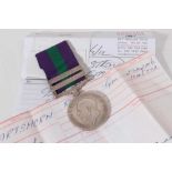 George V General Service medal with two clasps- Kurdistan and Iraq, named to 294246 GNR. C. Hartshor