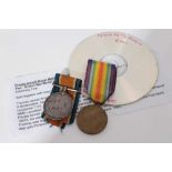 First World War pair comprising War and Victory medals named to P.O. 16618 PTE. T. J. Arnold. R.M.L.