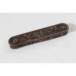 19th century white metal filigree work tooth pick / toothpaste case of oval form with hinged lid, 6.
