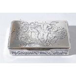 Early 19th century white metal and niello work snuff box, with hinged cover decorated with a scene d