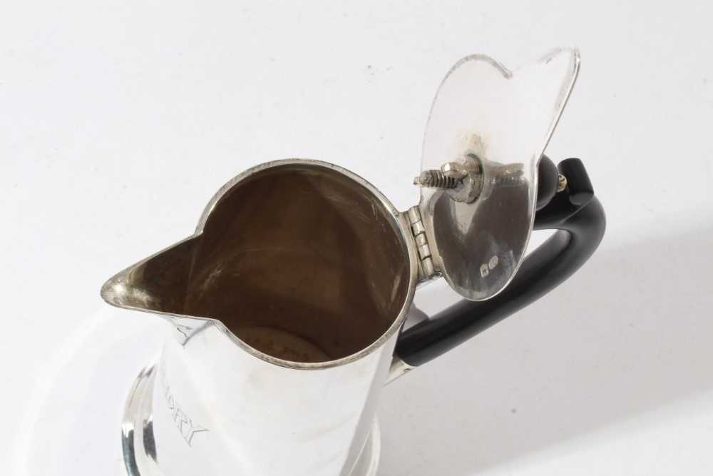 George V Silver hot water pot of tapered form with flared foot, body engraved Marjory, with ebony ha - Image 6 of 7