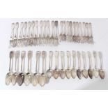 Victorian silver fiddle pattern flatware comprising twelve dinner forks, ten dessert forks (one silv