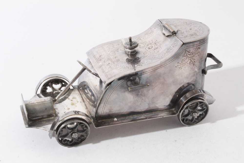 Unusual early 20th century novelty silver plated biscuit box in the form of a vintage car, base stam