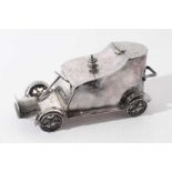 Unusual early 20th century novelty silver plated biscuit box in the form of a vintage car, base stam
