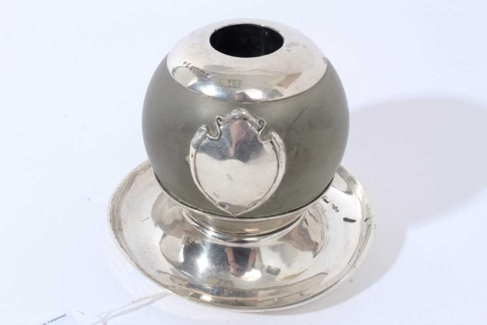 Victorian silver mounted globular match holder / Vesta globe on circular silver base, (London 1896),