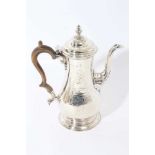 Good quality George III coffee pot of baluster form, with engraved armorial crest, hinged domed cove