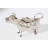 George III silver cow creamer, naturalistically modelled, the horned cow with open mouth, textured d
