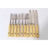 Group of William IV silver fruit cutlery comprising seven forks and three knives, all with ivory han