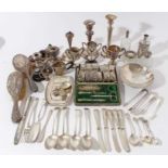 Group of Georgian and later silver to include flatware, miniature trophies, candlesticks, silver mou