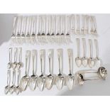 Quantity of George III silver Old English pattern flatware, comprising twelve dinner forks, six dess