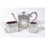 Victorian silver bachelors tea set comprising teapot of tapered rectangular form with bright cut eng