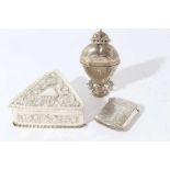 Victorian silver trinket box of triangular form with embossed decoration (London 1885), together wit