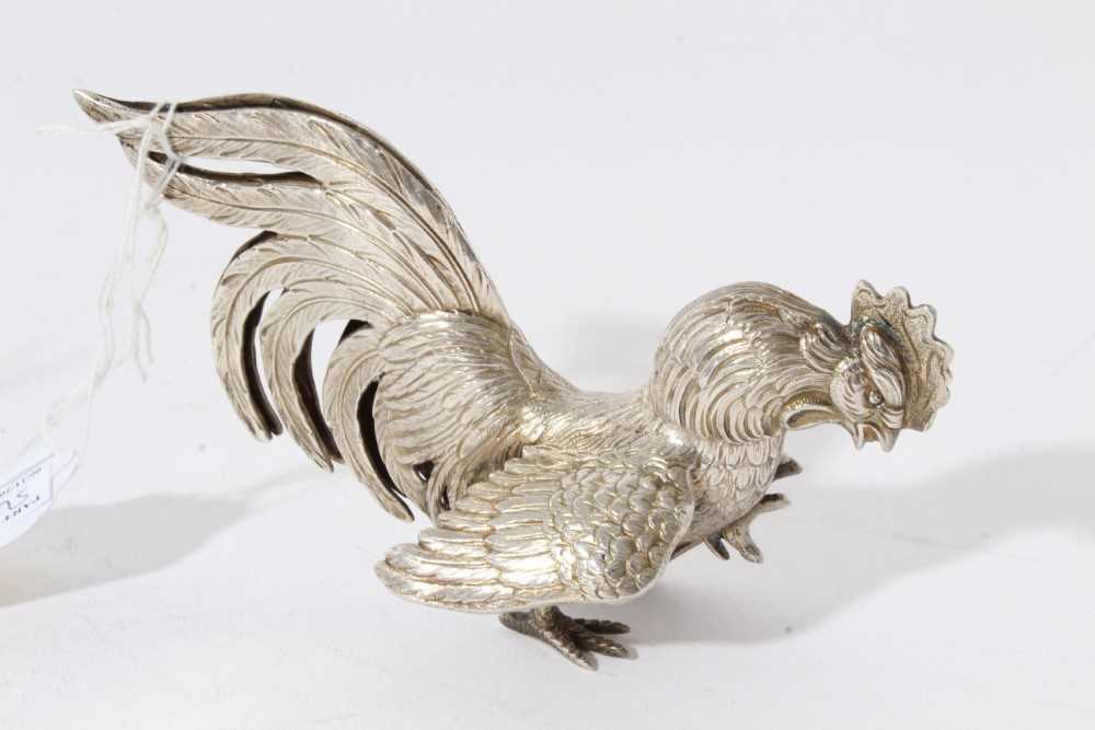 Pair of silver models of fighting birds, London import hallmarks 1978, by Israel Freeman & Son Ltd - Image 2 of 6