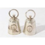 Pair of unusual Edwardian novelty pepper grinders in the form of 2lb Bell weights, with engraved arm