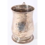 George II silver tankard of baluster form with engraved inscription and initials 'John Nichols 1881'