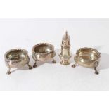 Pair of George II silver salts of cauldron form, raised on three pad feet, (London 1751), together w