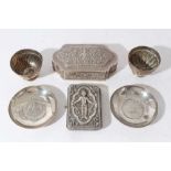 Pair of white metal dishes set with coins together with an Indian white metal cigarette case, an Ind