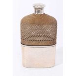 Victorian silver mounted glass hip flask with silver screw fit top, (London 1868) wicker covered bod