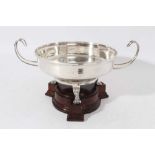 George V silver rose bowl of shallow circular form, with two wire frame handles, with presentation i