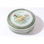 Early 20th Continental silver and green guilloché enamel box of circular form with white border and