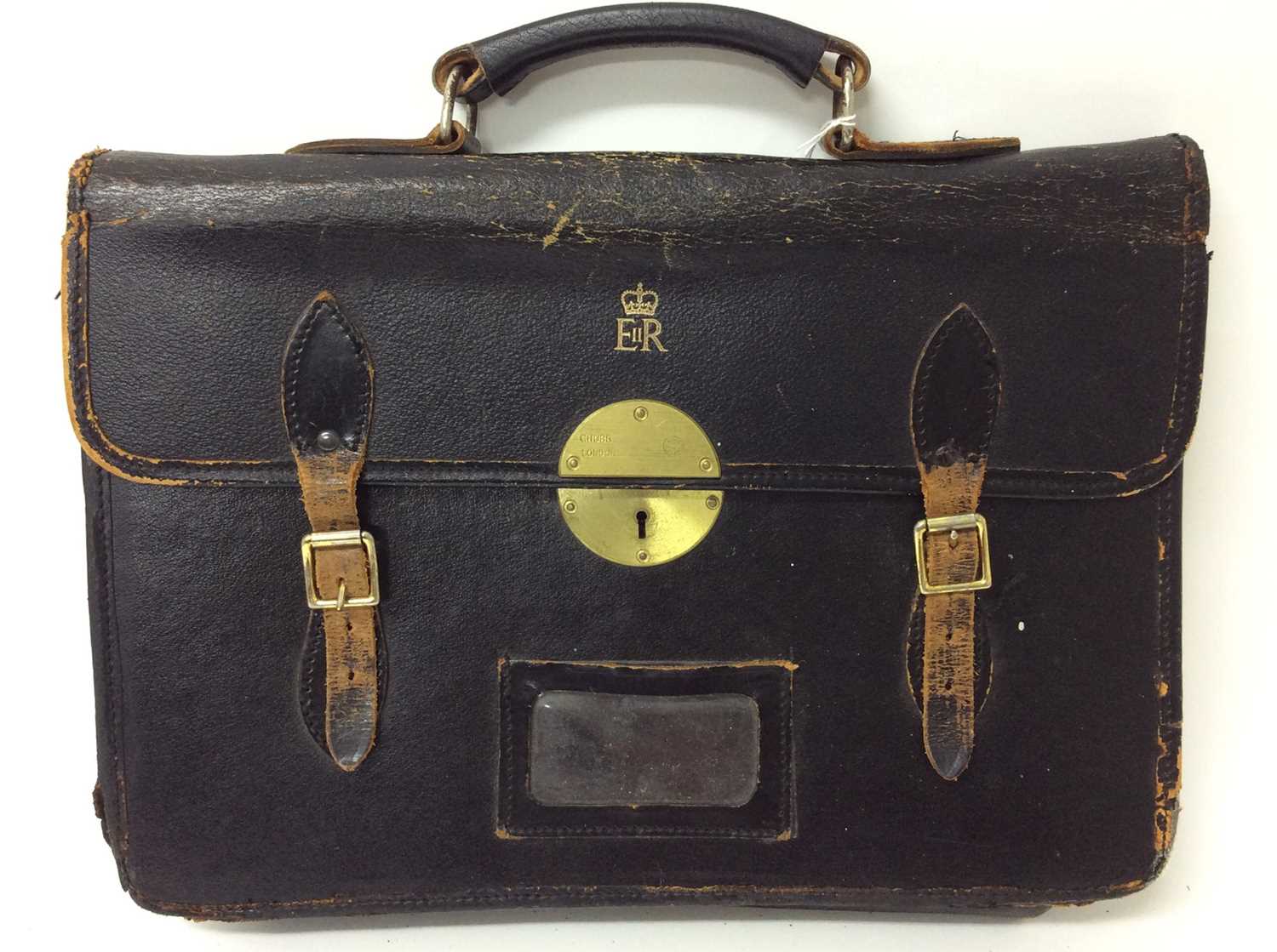 1950s/1960s Queen Elizabeth II Government black leather briefcase with gilt tooled crowned ER II roy