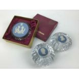 Three Wedgwood Jasperware cut crystal paperweights inset with plaques (3)