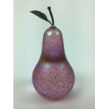 John Ditchfield Glasform iridescent pink pear paperweight with silver leaf and stork, signed 13cm hi