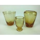 Three Whitefriars Amber controlled bubble vases including one with original Whitefriars label, 18cm,