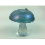 John Ditchfield Glasform iridescent blue toadstool paperweight with silver frog, signed, 16cm high