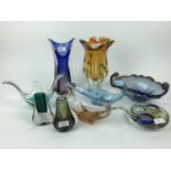 Selection of Czech and other glass including yellow vase, 28cm high, blue vase, 29cm high, other bow