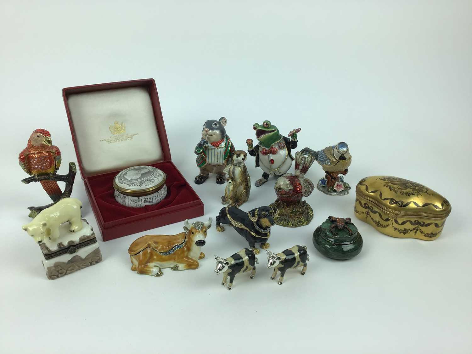 Selection of enamel trinket boxes including Limoges, Wind in the Willows characters and other animal