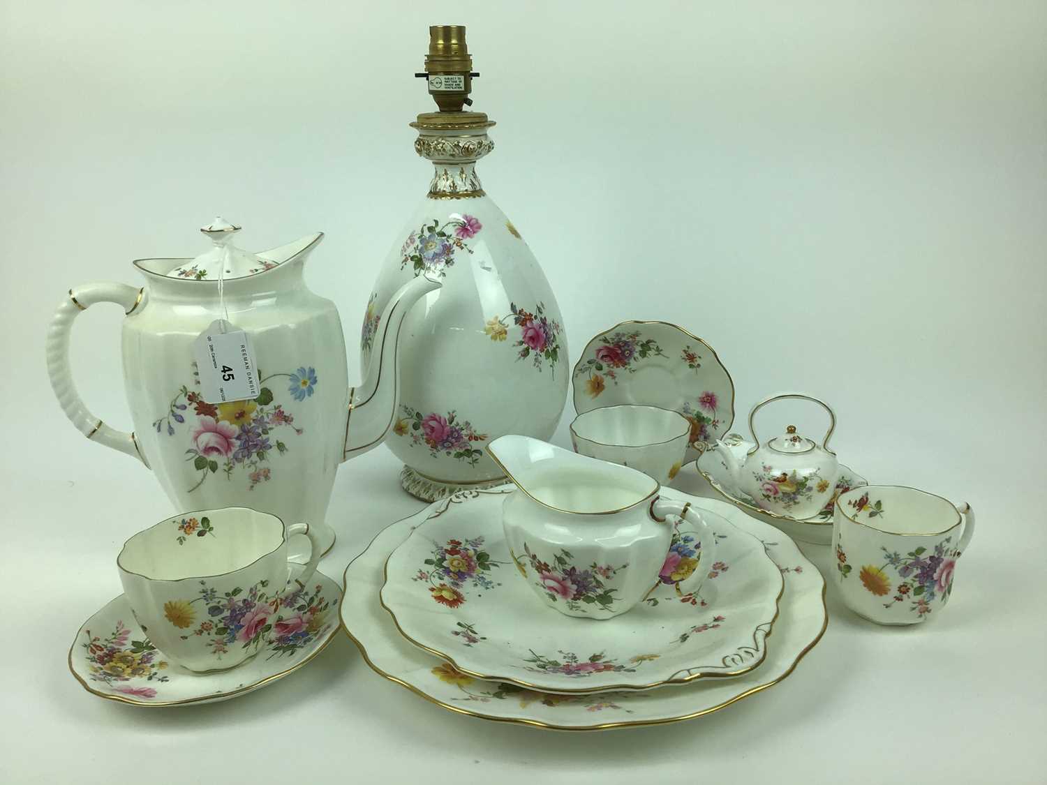Selection of Royal Crown Derby tea ware including Derby Posies, and a table lamp with green shade