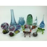 Victorian green glass dump weight, other paperweights including Caithness plus coloured glass animal