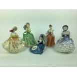 Five Royal Doulton figures - Elizabeth HN2946, Alice HN3368, Pensive Moments HN2704, Fleur HN2369 an