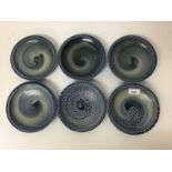 Six Jane Hamlyn studio pottery salt glazed circular bowls, 17.5cm diameter, all with impressed monog