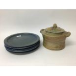 Five Jane Hamlyn blue salt glazed studio pottery plates, 27.5cm diameter and a beige casserole dish