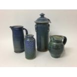 Four pieces of Deborah Baynes studio pottery including lidded storage jar, 29cm high, two jugs, 19.5