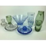 Six pieces of Whitefriars including Sapphire blue ribbon trailed bowl, 26.5cm diameter, Sapphire bl