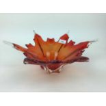 Four pieces of Czech glass including orange and clear bowl, 39cm wide, orange and amber dish, 47.5cm