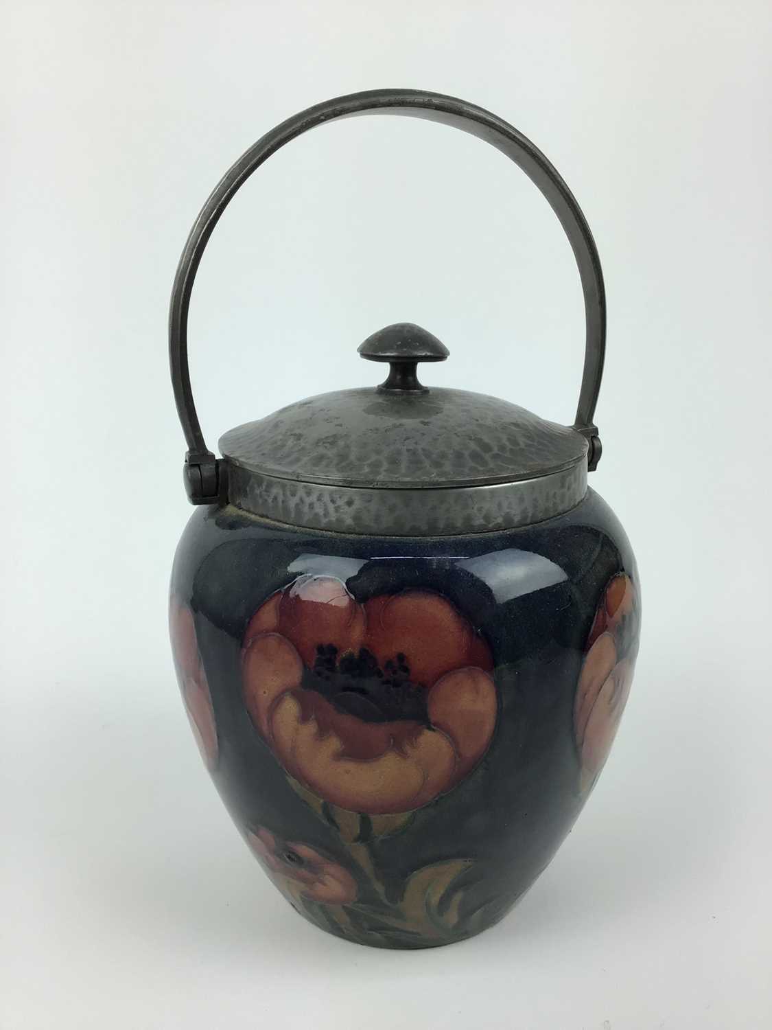 Moorcroft pewter mounted biscuit barrel decorated in the poppy pattern on blue and green ground - Image 2 of 5