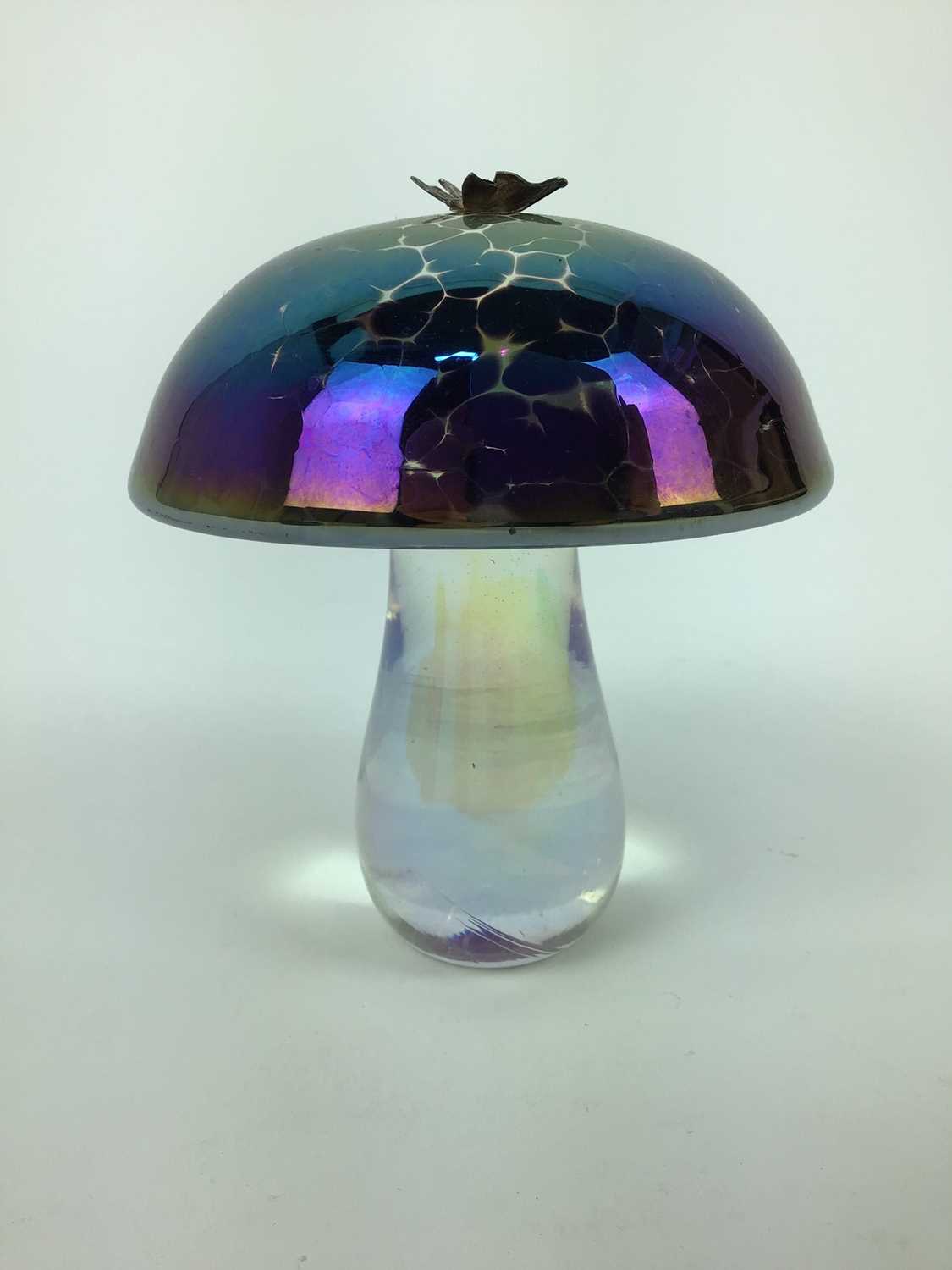 John Ditchfield Glasform iridescent mushroom with silver butterfly, signed, 12cm high