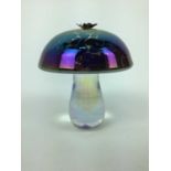 John Ditchfield Glasform iridescent mushroom with silver butterfly, signed, 12cm high