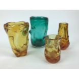 Whitefriars Aqua knobbly vase, 21.5cm high plus three Amber knobbly vases