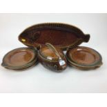 French Sarreguemines brown glazed fish service - 10 pieces