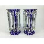 Pair of late 19th Century Bohemian blue overlaid glass lustres with prismatic drops