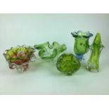Five pieces of Czech glass including green and red vase, 13.5cm high, green leaf shaped vase, 26cm w