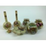 Selection of Royal Worcester including pair of slender neck bottle vases, miniature basket etc, 7 pi