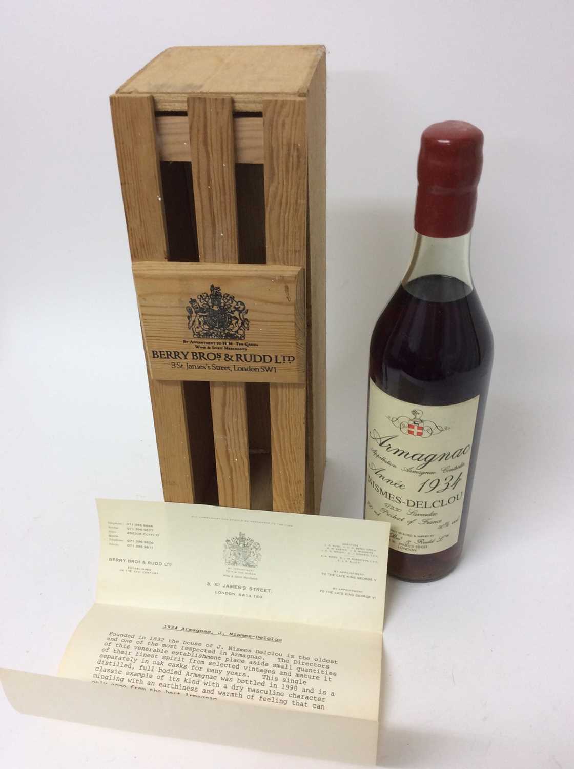 Armagnac - one bottle, J. Nismes-Delclou 1934, bottled in 1990, 700ml, 40%, in Berry Bros. wooden ca