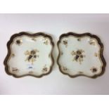 Pair of Royal Worcester scalloped square dishes with gilt and cobalt blue decoration